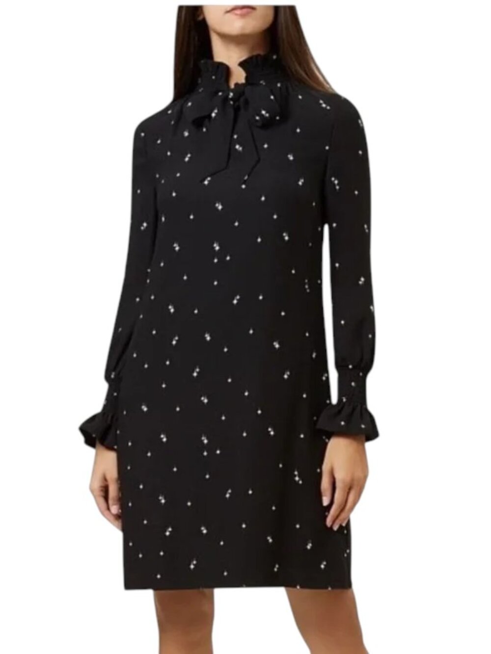 Hobbs London Luna Black Star Print Ruffle Tie Neck Long Sleeve Dress